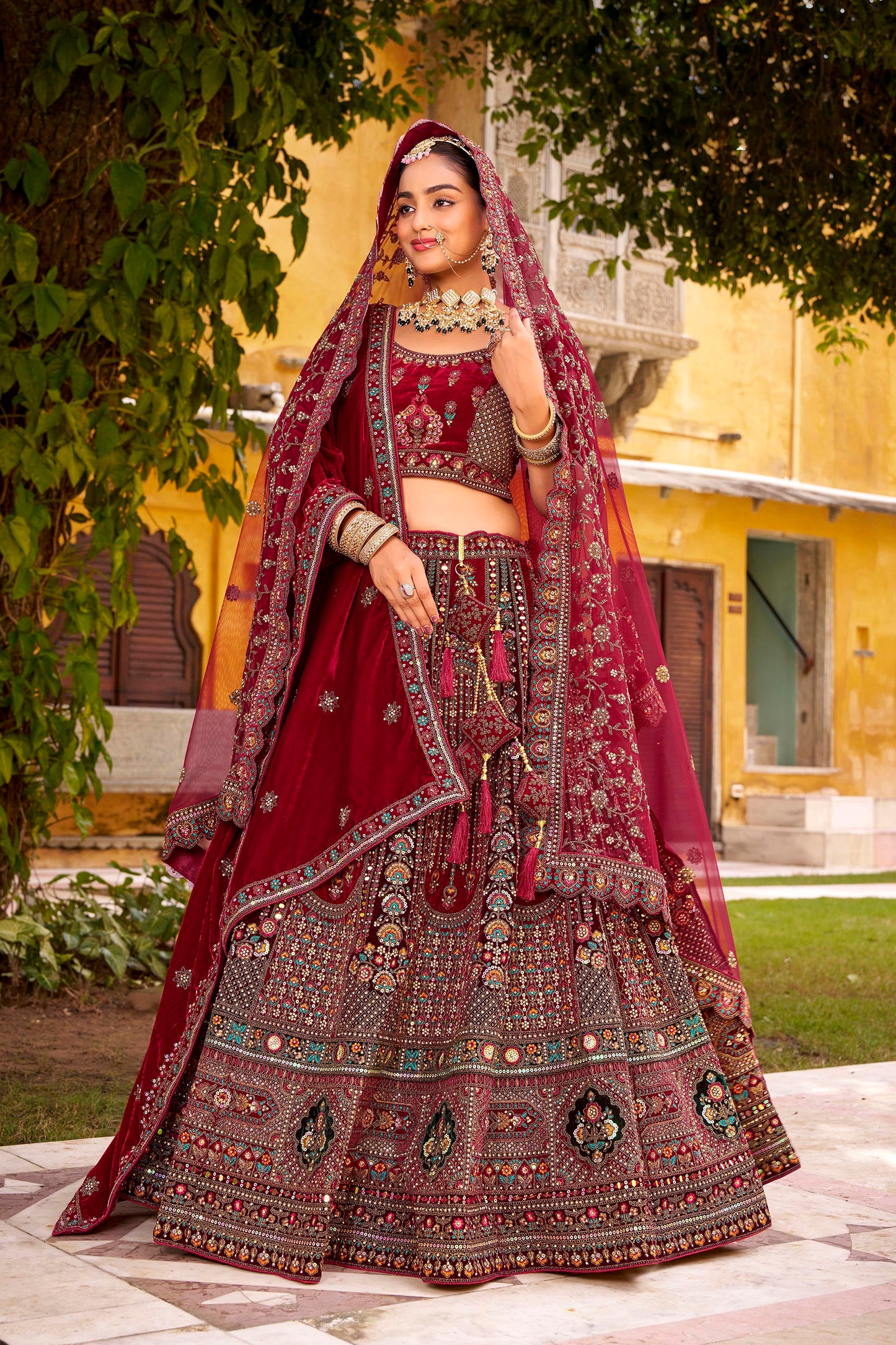 Maroon Heavy Zarkan Diamond & Mirror Hand Embroidery Velvet Bridal Lehenga