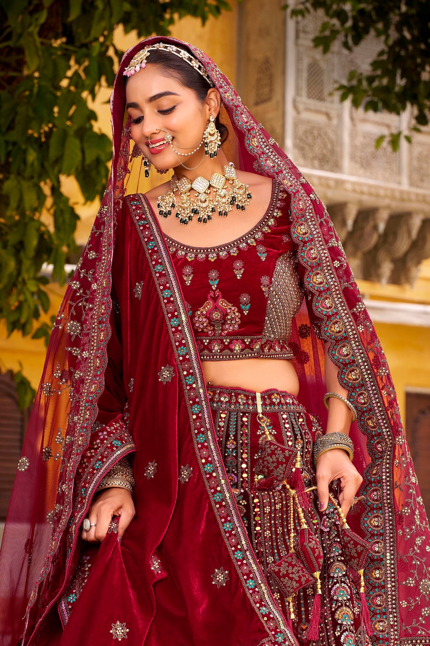 Maroon Heavy Zarkan Diamond & Mirror Hand Embroidery Velvet Bridal Lehenga