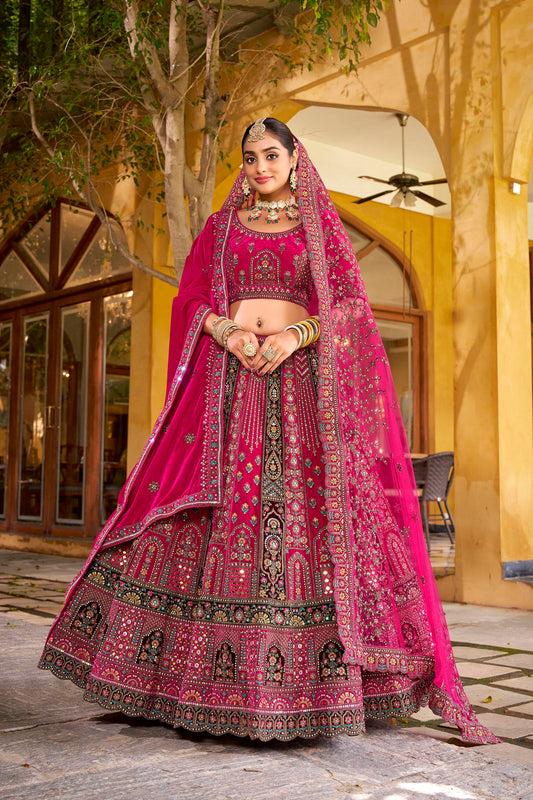 Rani Pink Heavy Zarkan Diamond & Mirror Hand Embroidery Velvet Bridal Lehenga