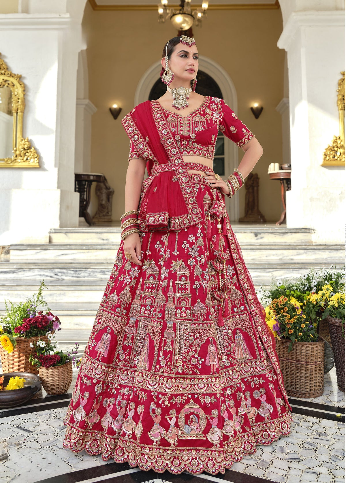 Red Silk Zardozi and Beads Multi Thread Embroidered Bridal Lehenga
