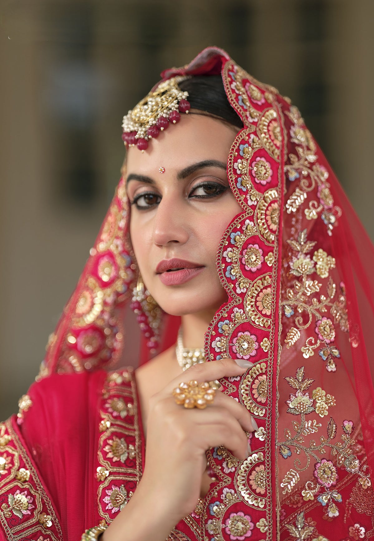 Red Silk Zardozi and Beads Multi Thread Embroidered Bridal Lehenga