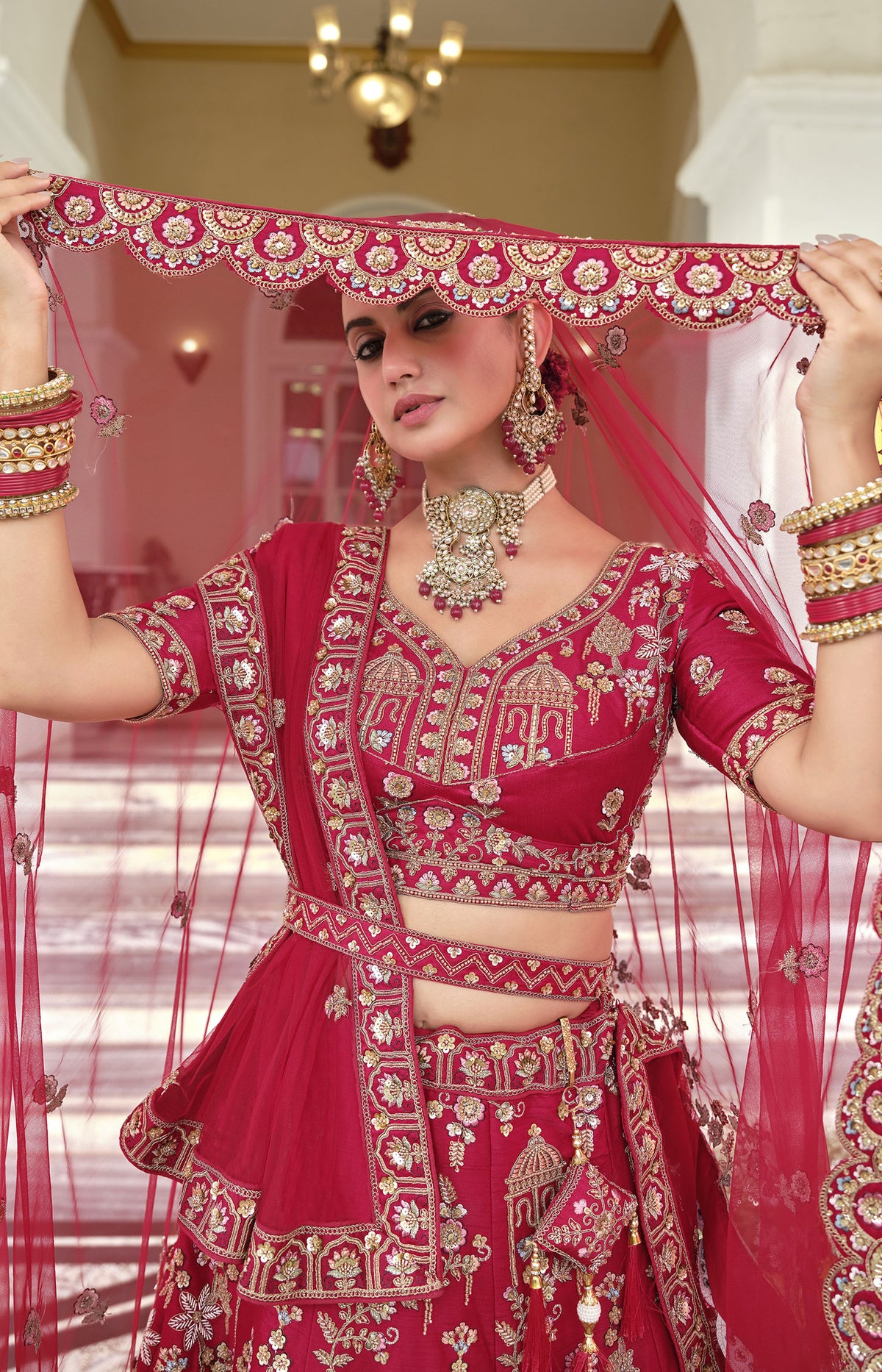 Red Silk Zardozi and Beads Multi Thread Embroidered Bridal Lehenga