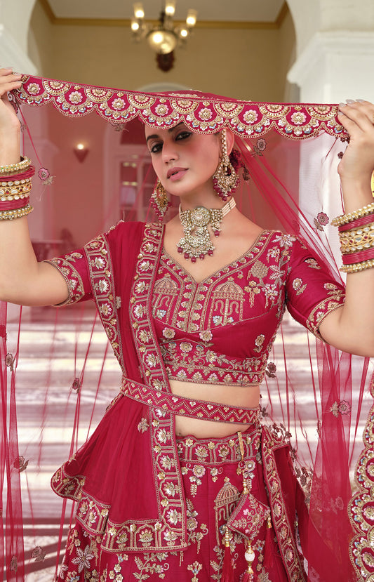Red Silk Zardozi and Beads Multi Thread Embroidered Bridal Lehenga