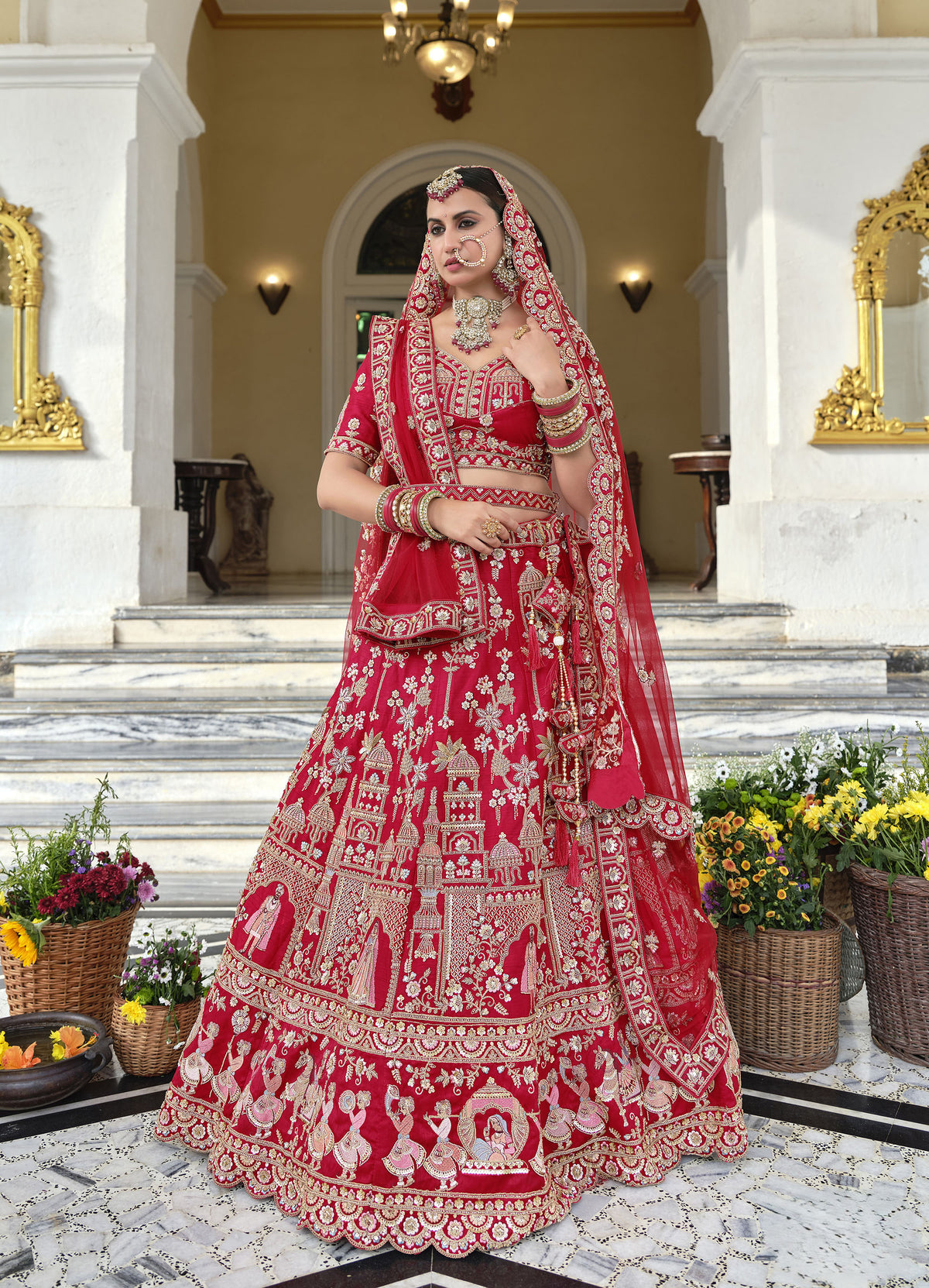 Red Silk Zardozi and Beads Multi Thread Embroidered Bridal Lehenga