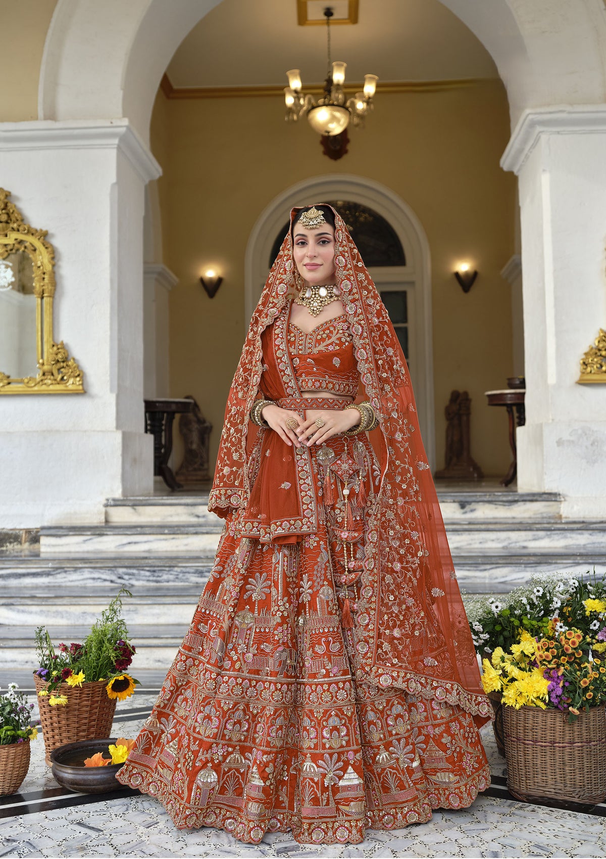 Orange Silk Zardozi and Beads Multi Thread Embroidered Bridal Lehenga