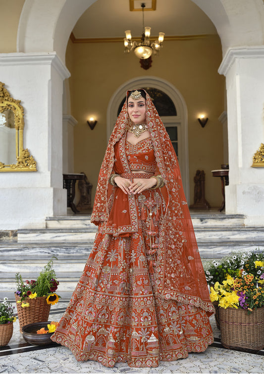 Orange Silk Zardozi and Beads Multi Thread Embroidered Bridal Lehenga