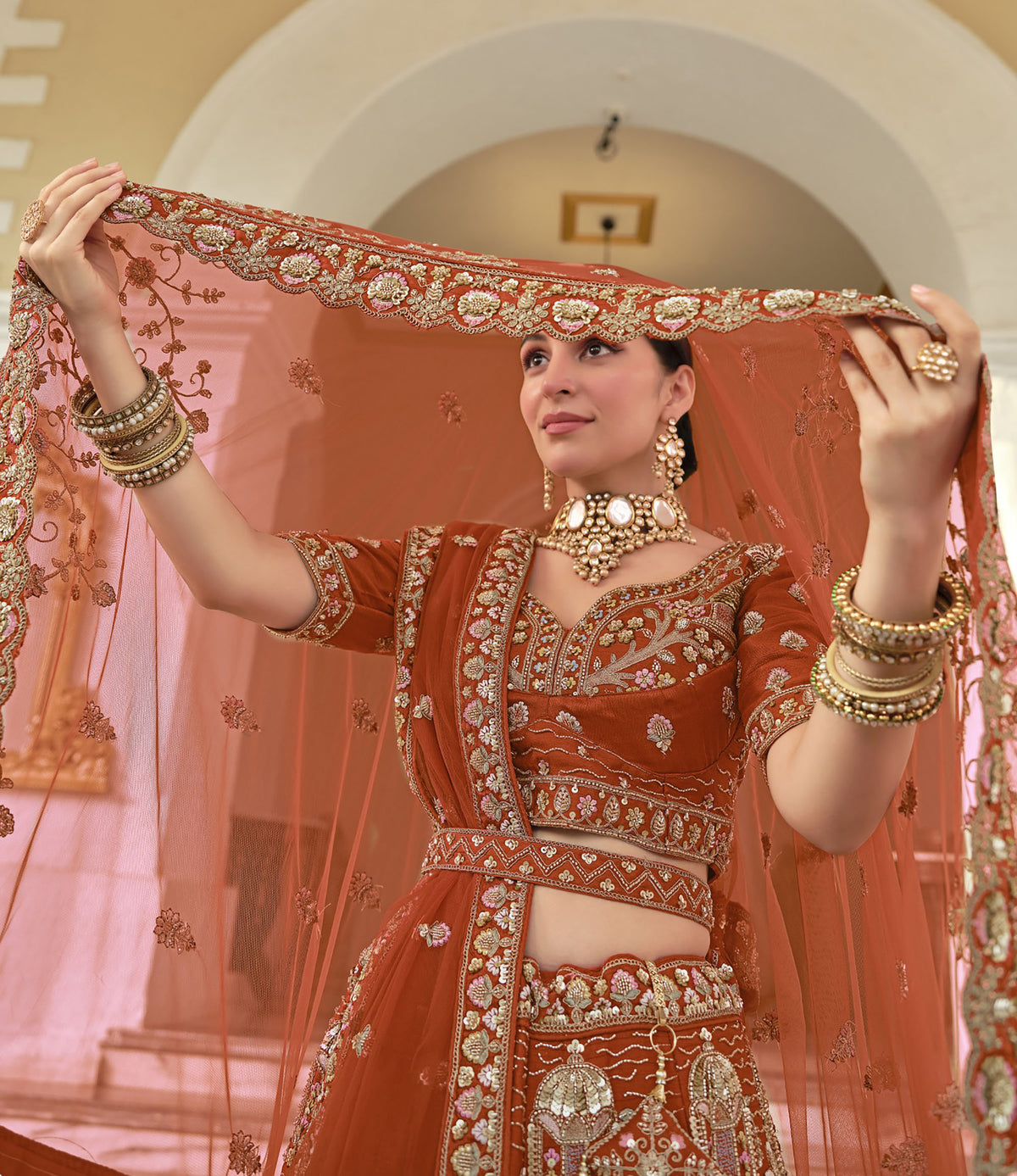 Orange Silk Zardozi and Beads Multi Thread Embroidered Bridal Lehenga