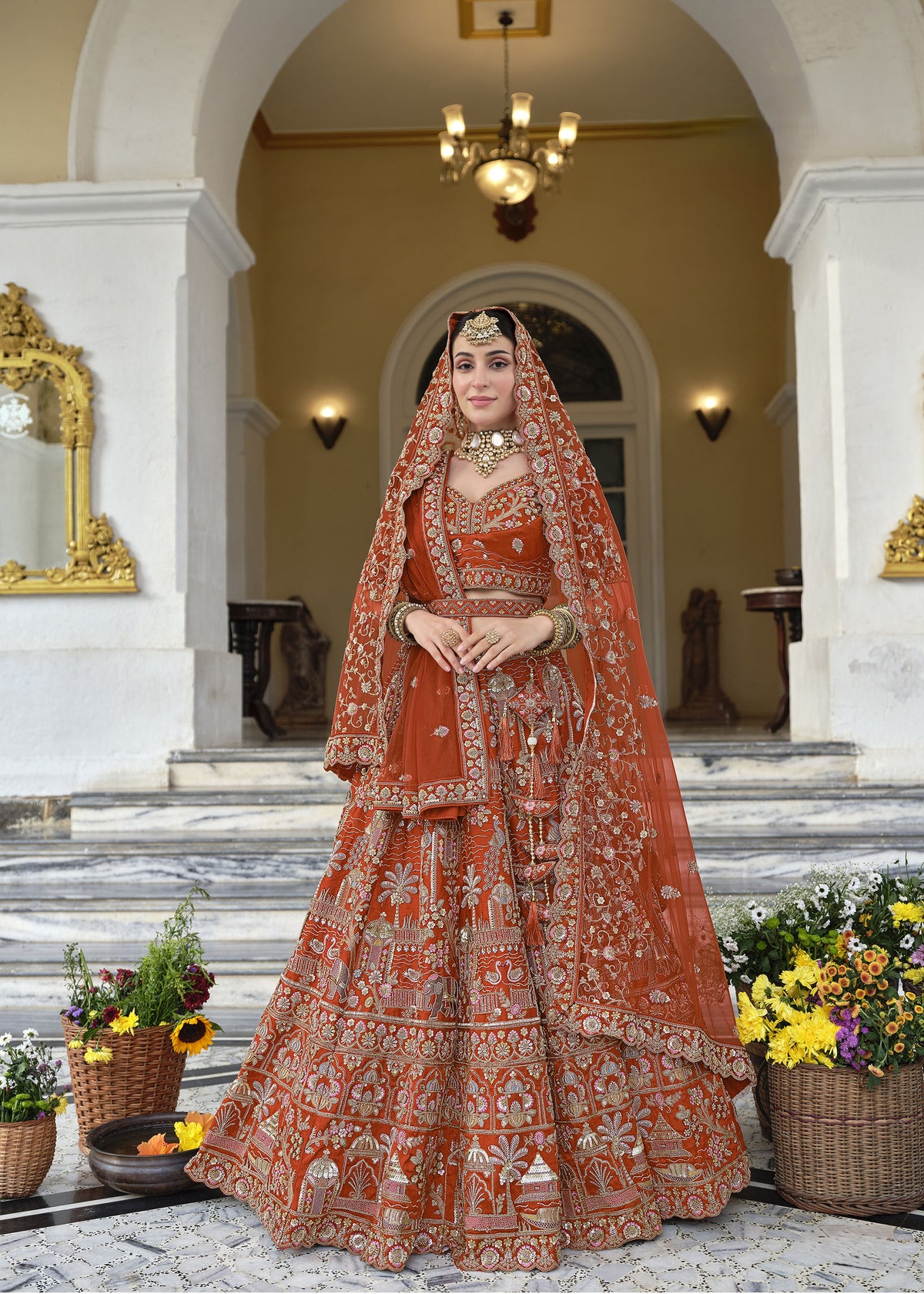 Orange Silk Zardozi and Beads Multi Thread Embroidered Bridal Lehenga