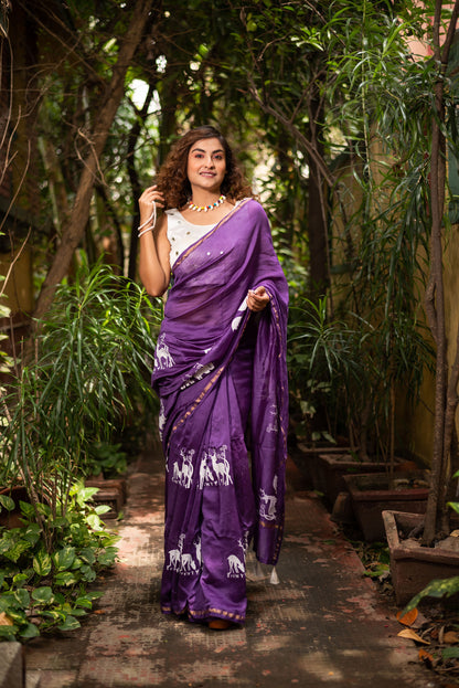 Purple chanderi silk saree with ethnic deer motif