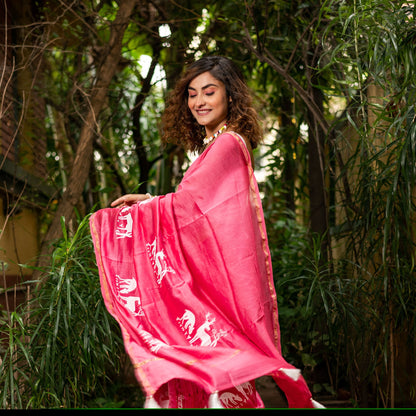Pink chanderi silk saree with ethnic deer motif