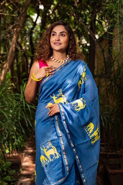 Blue chanderi silk saree with ethnic deer motif