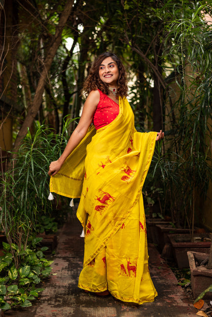Yellow chanderi silk saree with ethnic deer motif