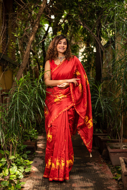 Red chanderi silk saree with ethnic deer motif