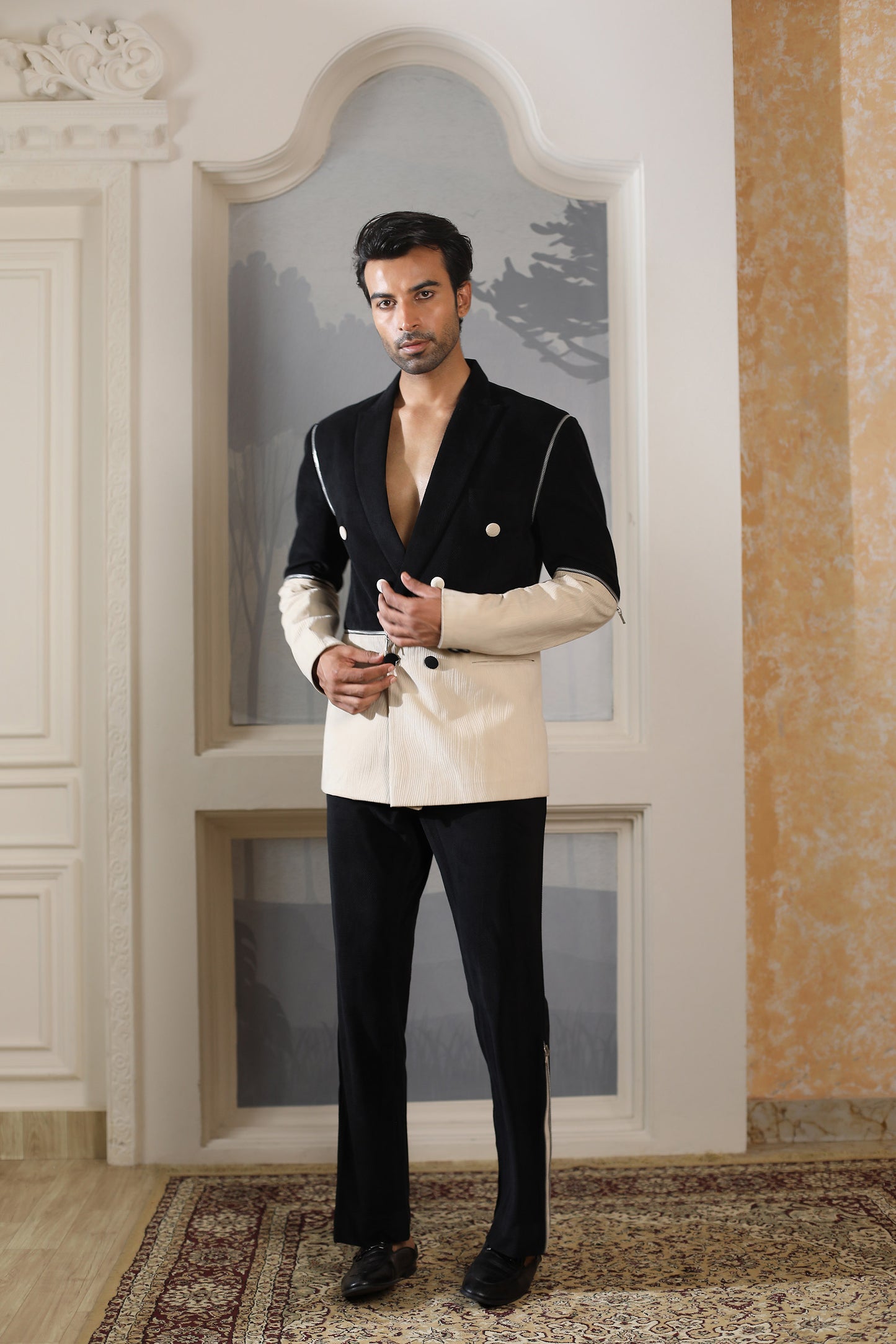 Black Courderoy Party Wear Zip Suit Set