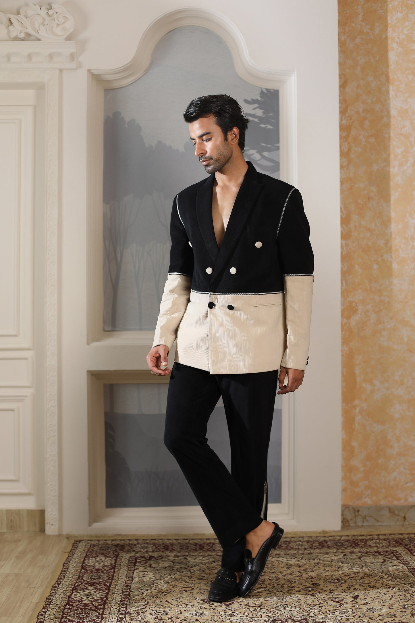 Black Courderoy Party Wear Zip Suit Set