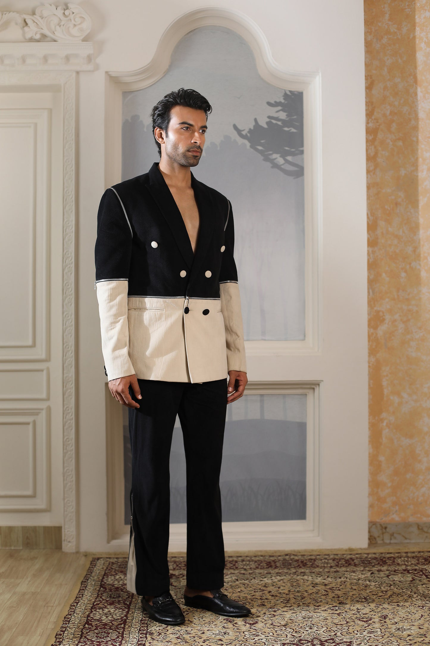 Black Courderoy Party Wear Zip Suit Set