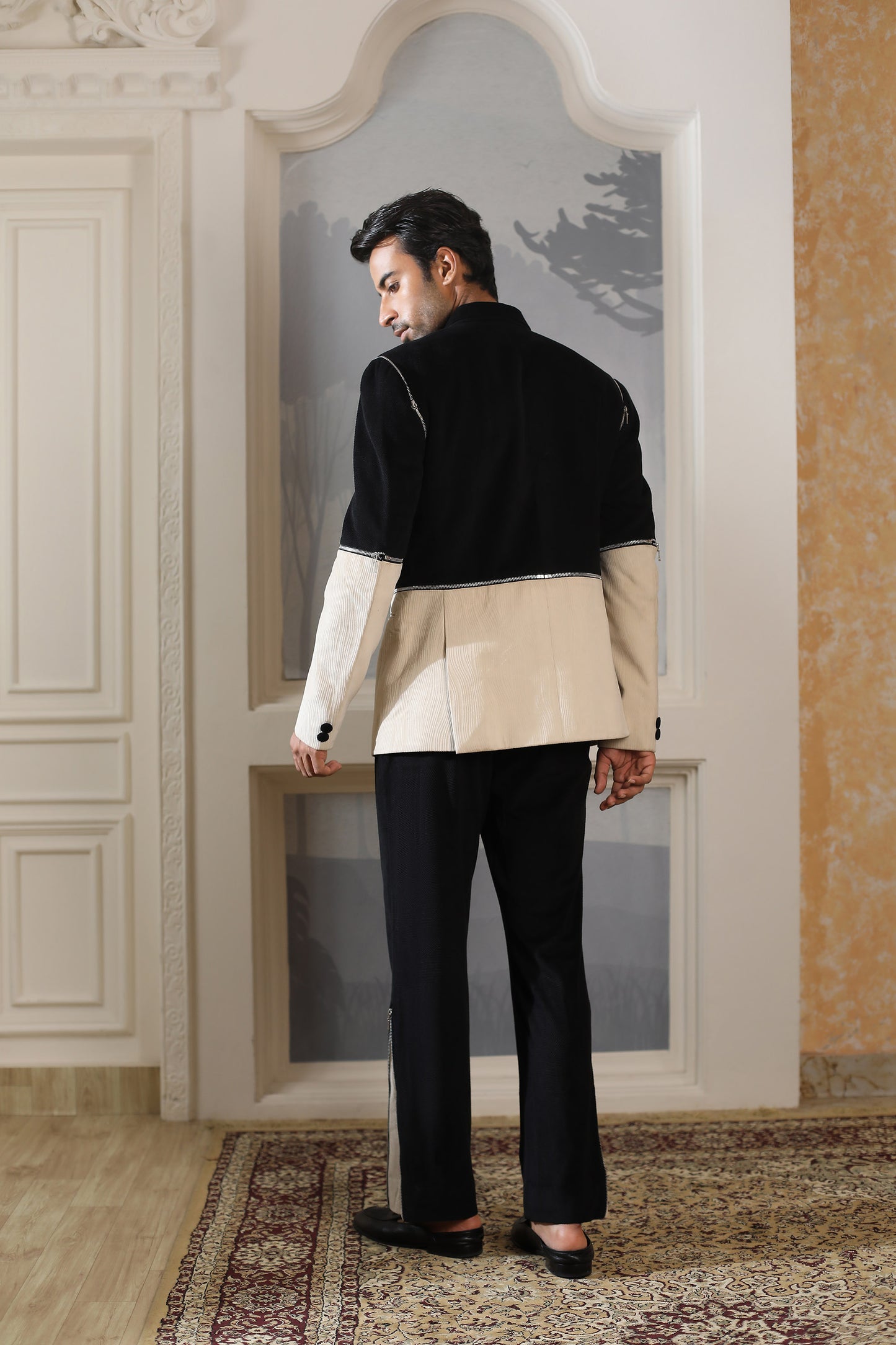 Black Courderoy Party Wear Zip Suit Set