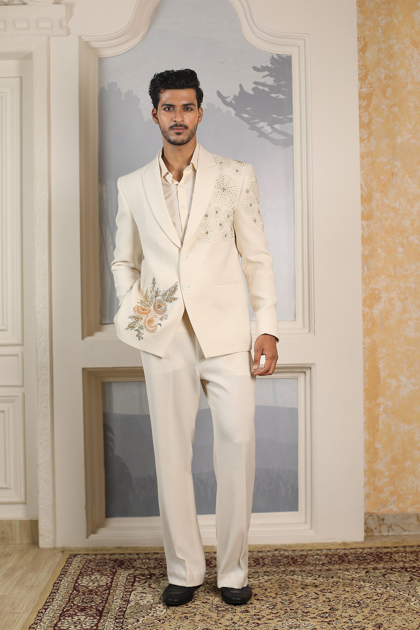 White Italian Cotton Silk Blends Shining Flower Moti & Cutdana Work Tuxedo