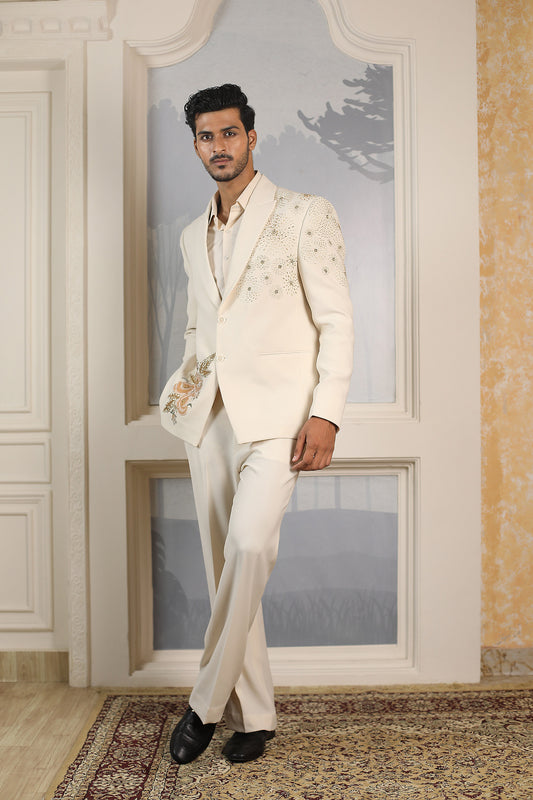 White Italian Cotton Silk Blends Shining Flower Moti & Cutdana Work Tuxedo