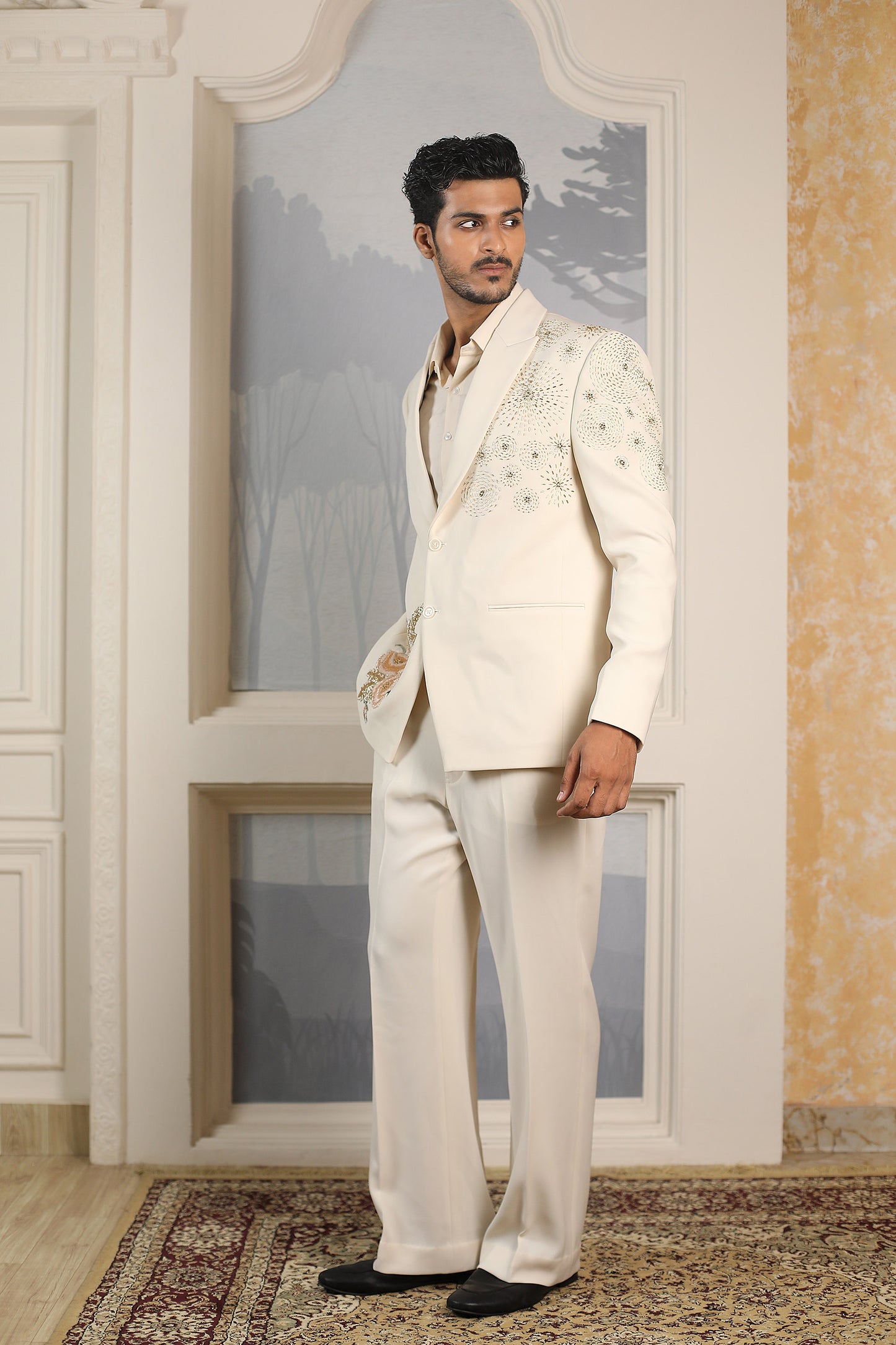 White Italian Cotton Silk Blends Shining Flower Moti & Cutdana Work Tuxedo