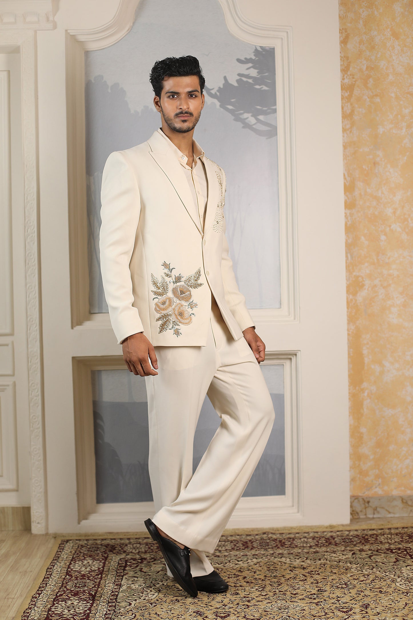White Italian Cotton Silk Blends Shining Flower Moti & Cutdana Work Tuxedo