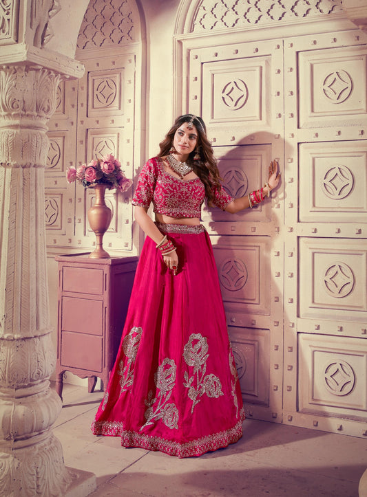 Dark Pink Sequence Embroidery Viscose Upada Silk Lehenga