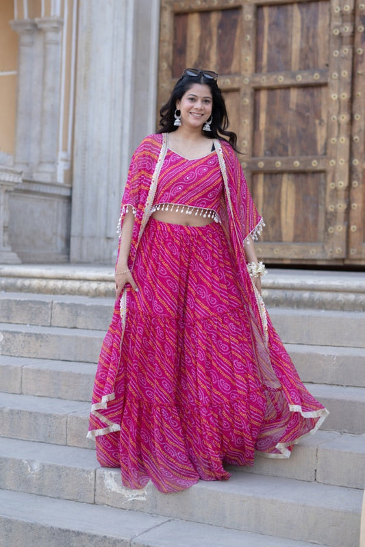 Inayat Pink Chiffon Bandhani Cape Lehenga Set