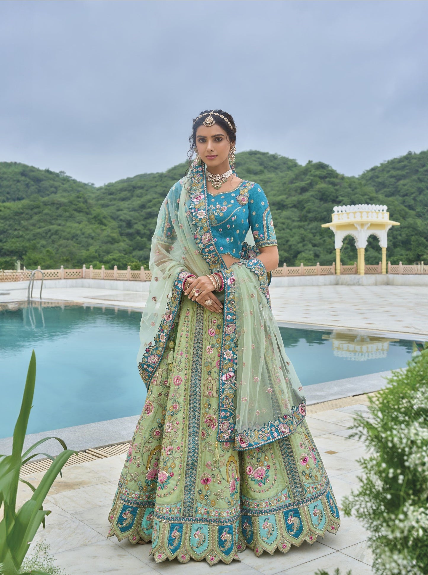 Green and Blue Sequins and Floral Embroidery Silk Bridesmaid Lehenga