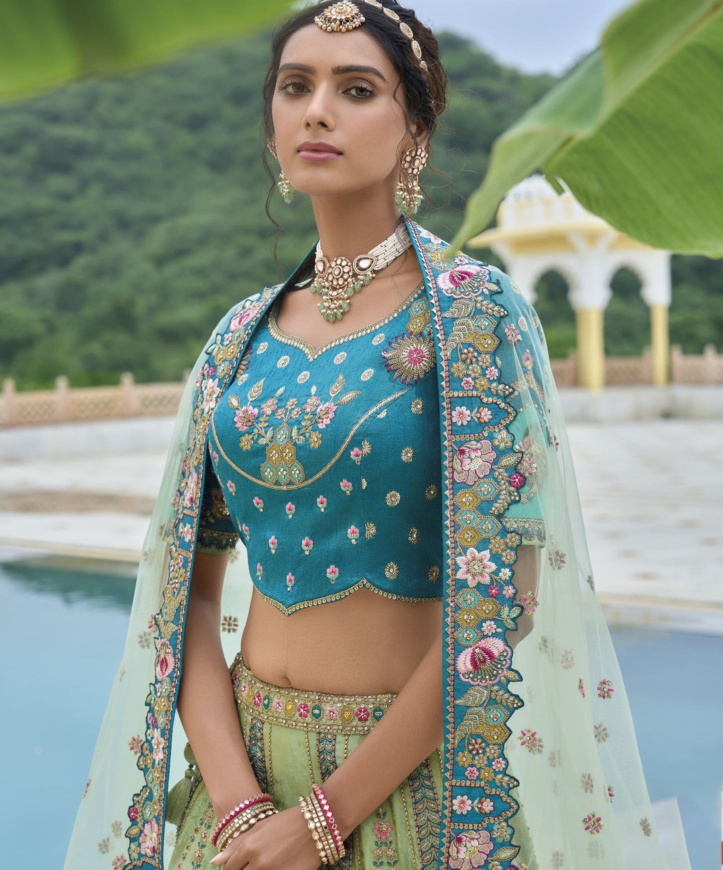 Green and Blue Sequins and Floral Embroidery Silk Bridesmaid Lehenga