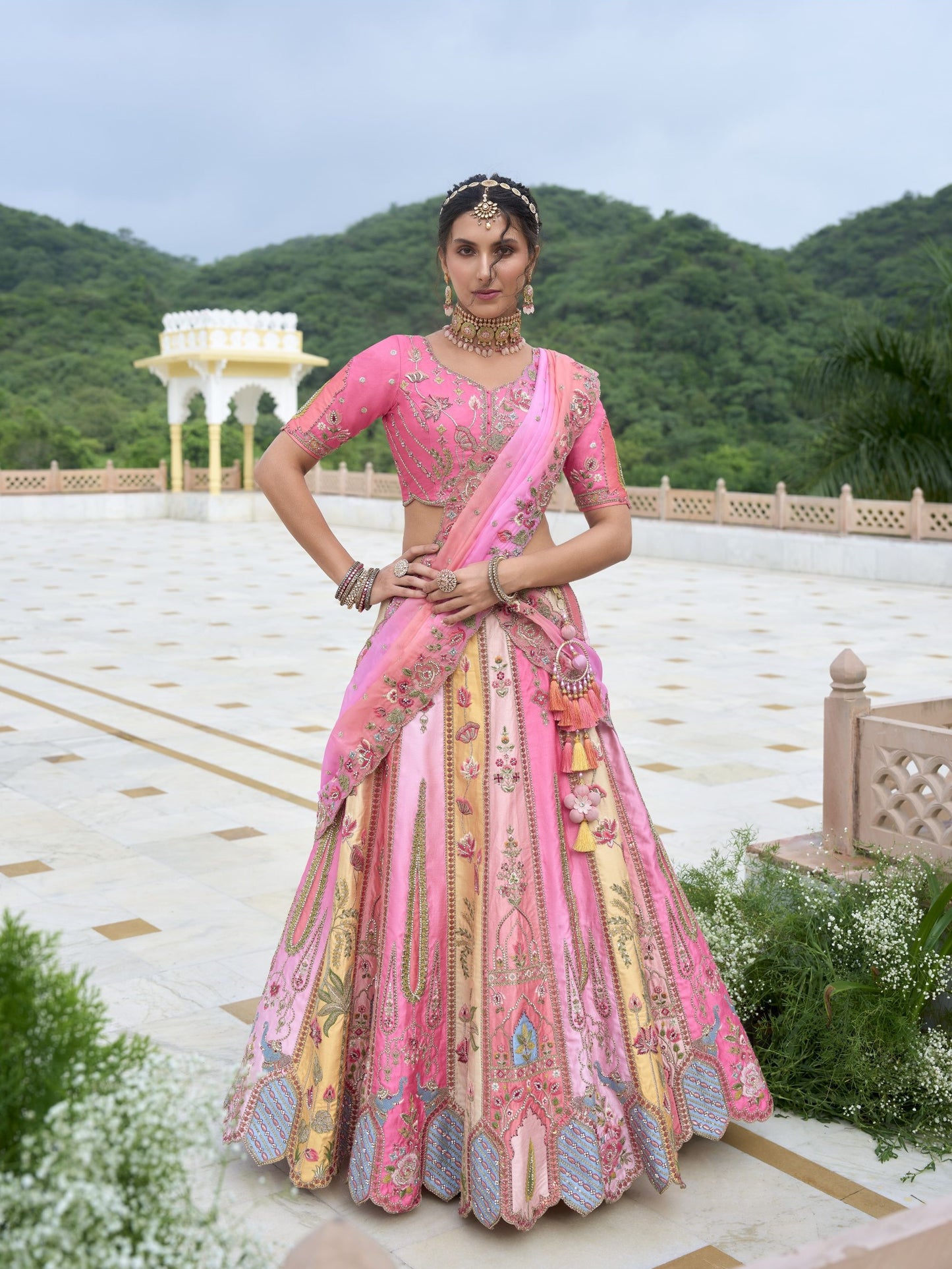 Pink Sequins Embroidery Silk Reception Lehenga