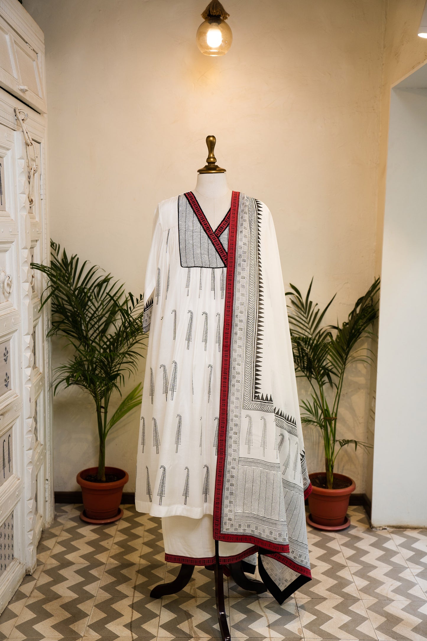 Hand Block Printed Overlap Yoke and Embroidered Kurta Set