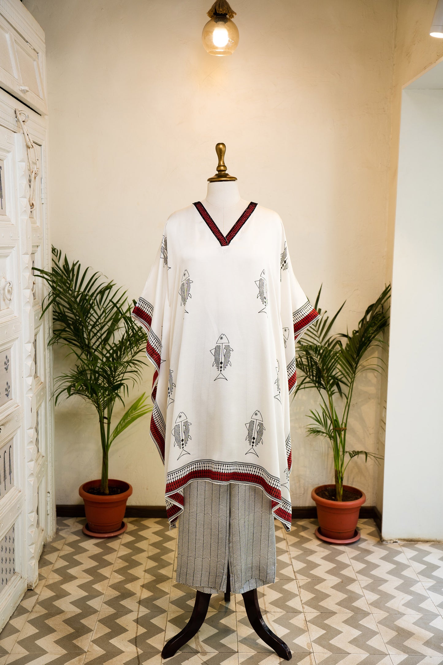 Ivory Contemporary Hand Block Printed Modal Kaftan Set
