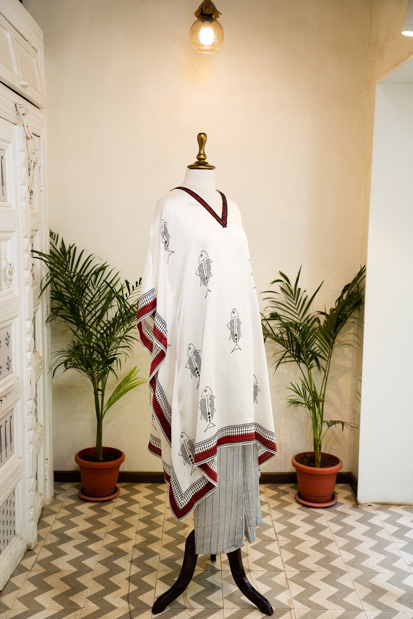 Ivory Contemporary Hand Block Printed Modal Kaftan Set