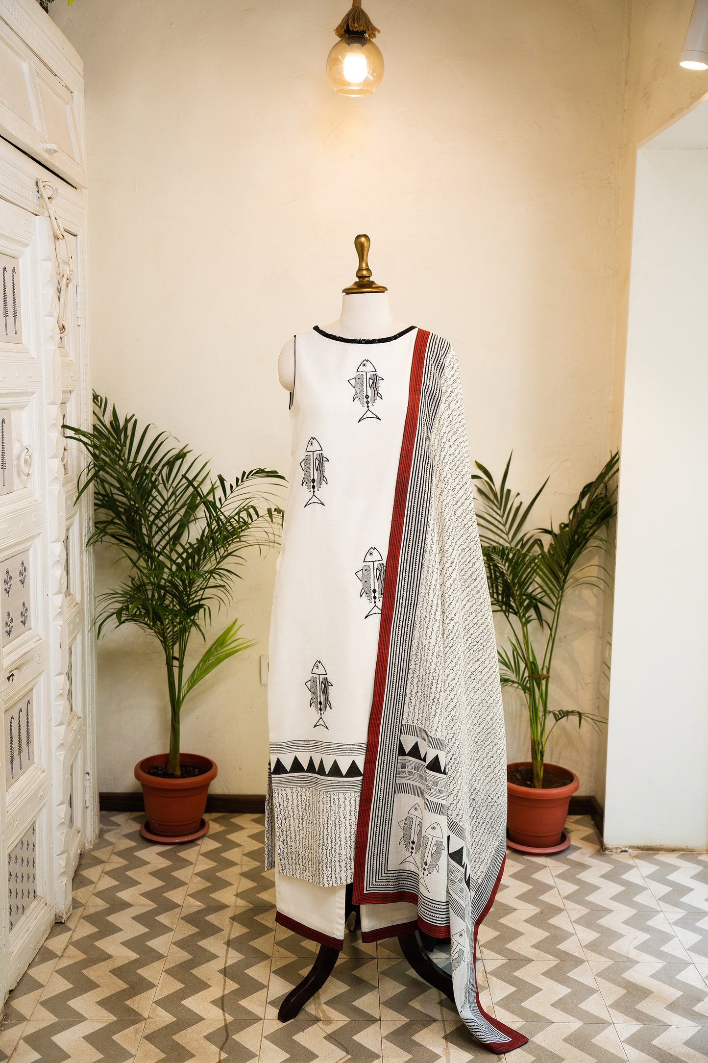 Hand Block Printed and Embroidered Ivory Designer Kurta Set