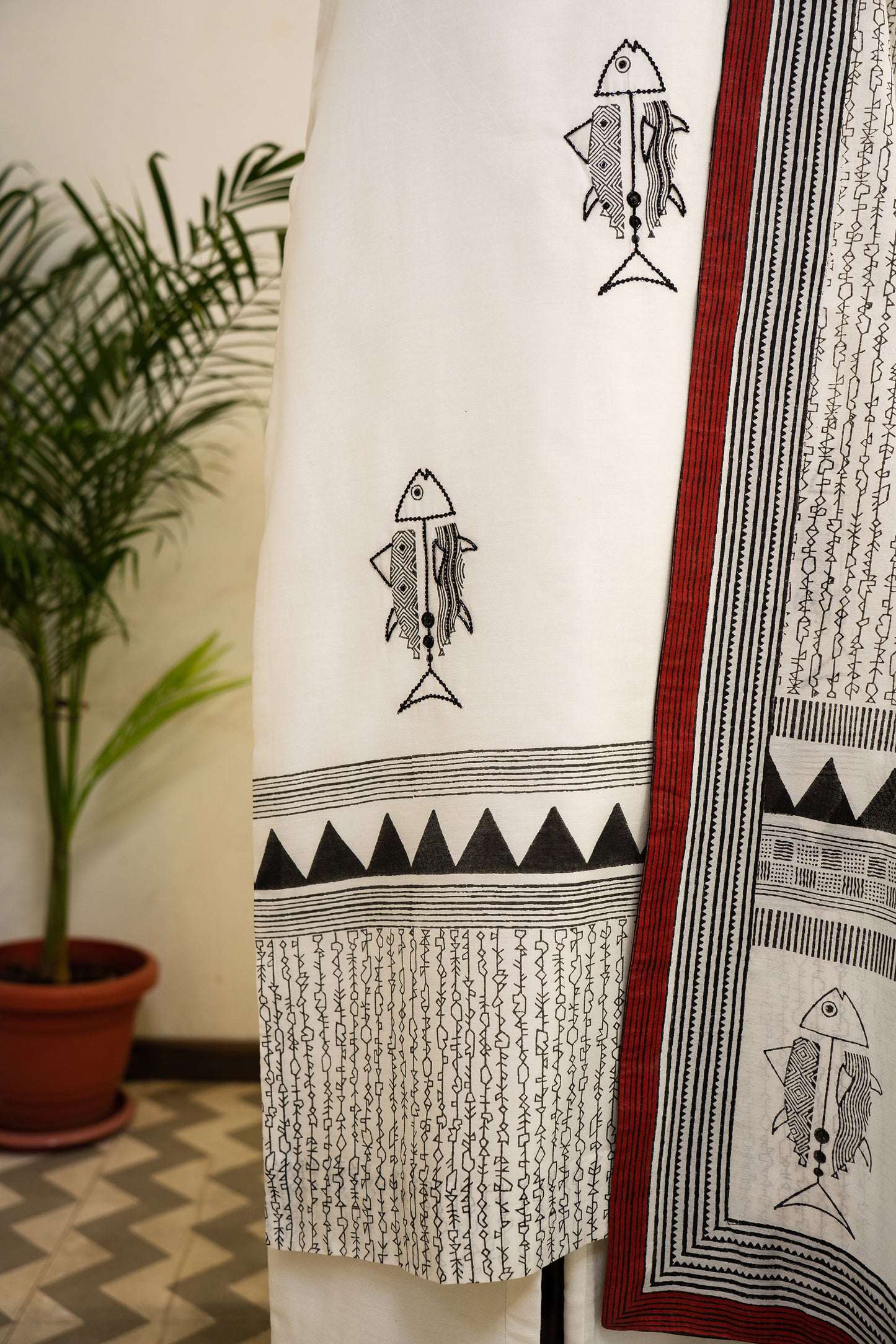 Hand Block Printed and Embroidered Ivory Designer Kurta Set