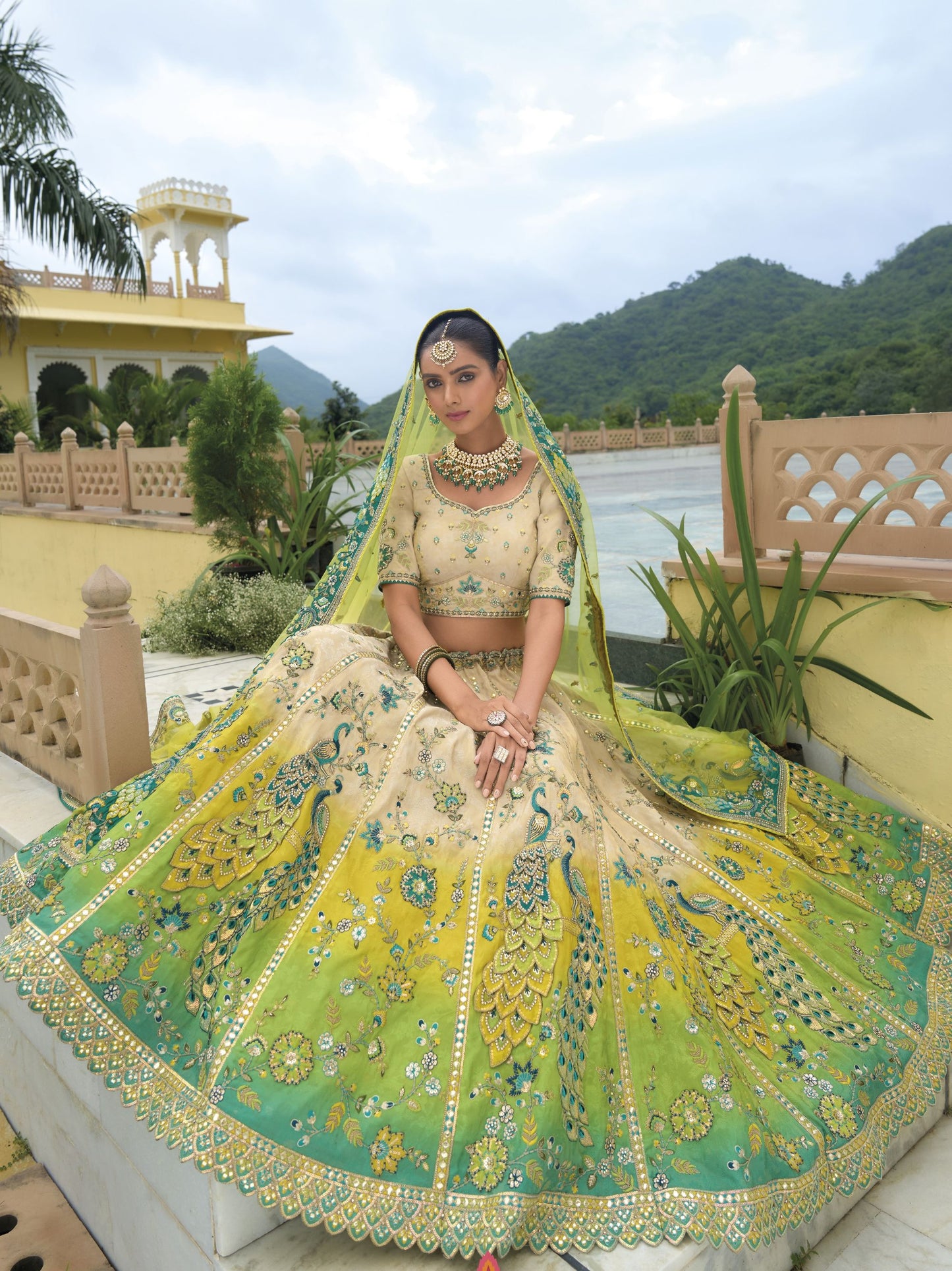 Beige and Sea Green Khatli and Sequence Embroidery Silk Bridal Lehenga -A7412 Mohi fashion Beige and Sea Green Khatli and Sequence Embroidery Silk Bridal Lehenga -A7412 Mohi fashion