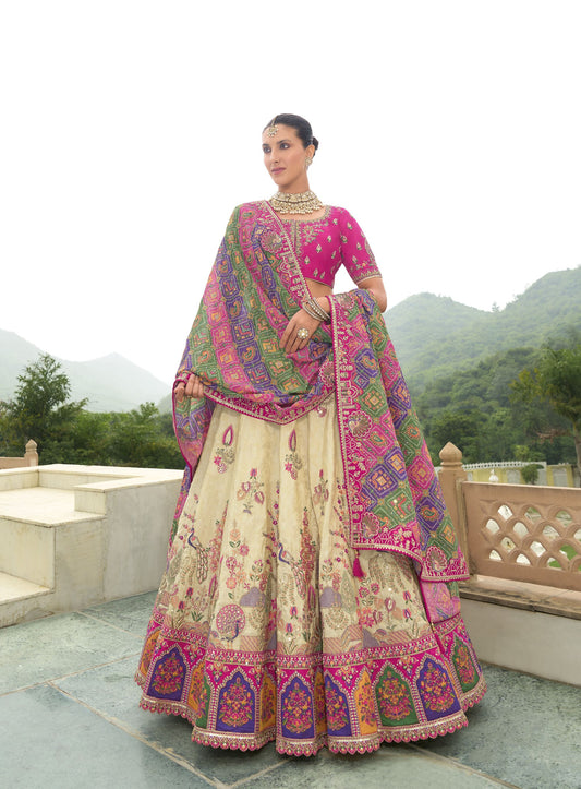 Rani Pink and Beige Khatli and Sequence Embroidery Silk Bridal Lehenga