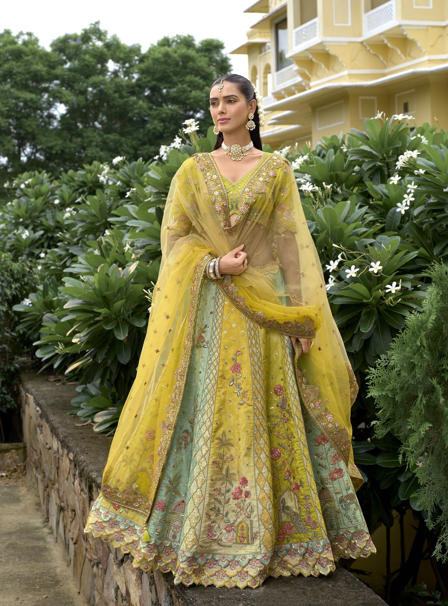 Yellow & Green Silk Heavy Cut Work and Sequins Embroidery Bridal Lehenga