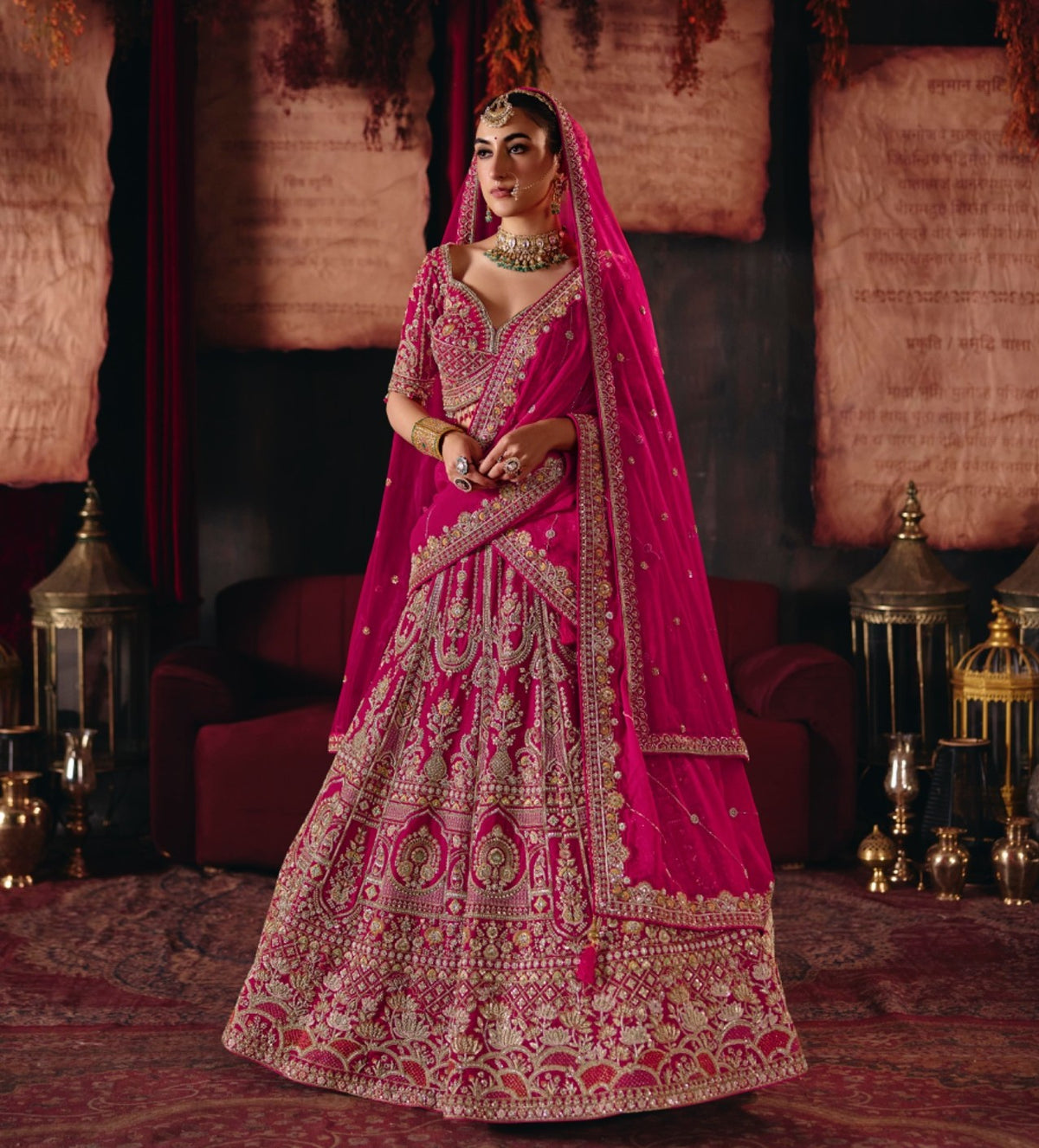 Rani Pink Silk Cut dana, Zardozi & Beads Embroidered Bridal Lehenga