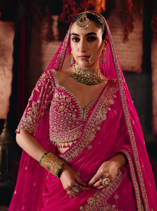 Rani Pink Silk Cut dana, Zardozi & Beads Embroidered Bridal Lehenga