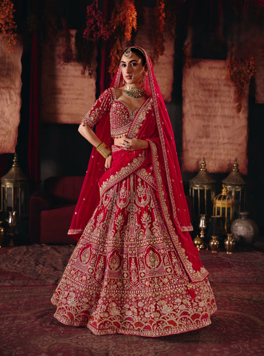 Red Silk Cut dana, Zardozi & Beads Embroidered Bridal Lehenga
