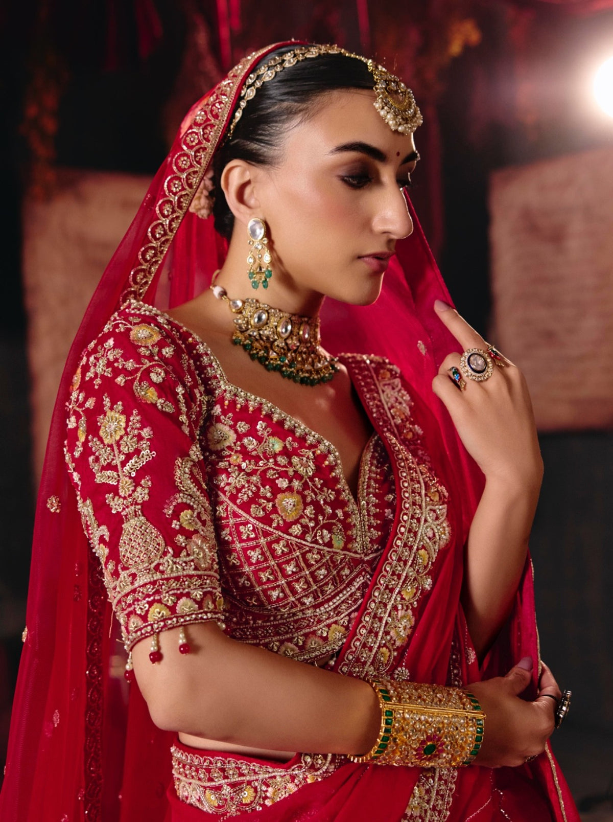 Red Silk Cut dana, Zardozi & Beads Embroidered Bridal Lehenga