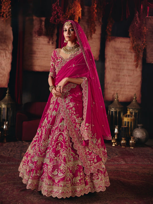 Bridal Pink Silk Cut dana, Zardozi & Beads Embroidered Wedding Lehenga