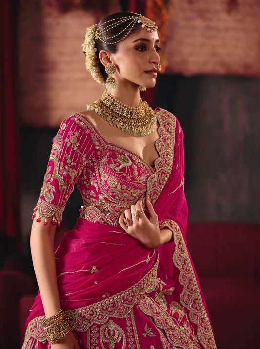 Bridal Pink Silk Cut dana, Zardozi & Beads Embroidered Wedding Lehenga