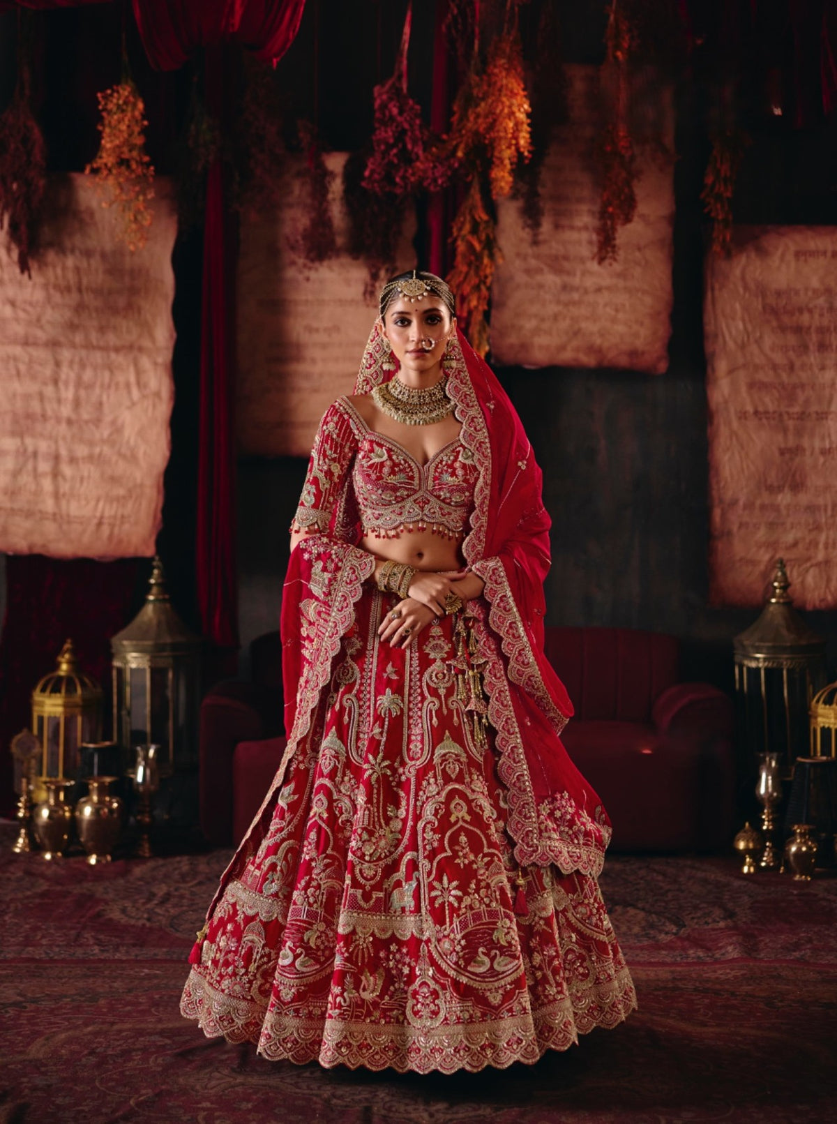 Red Silk Cut dana, Zardozi & Beads Embroidered Heavy Bridal Lehenga