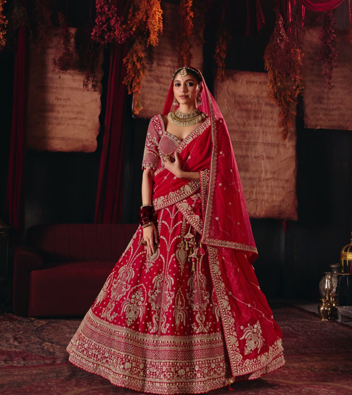 Red Silk Heavy Cut Dana, Zardozi & Beaded Embroidered Bridal Lehenga