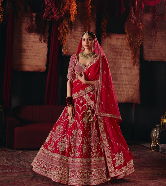 Red Silk Heavy Cut Dana, Zardozi & Beaded Embroidered Bridal Lehenga
