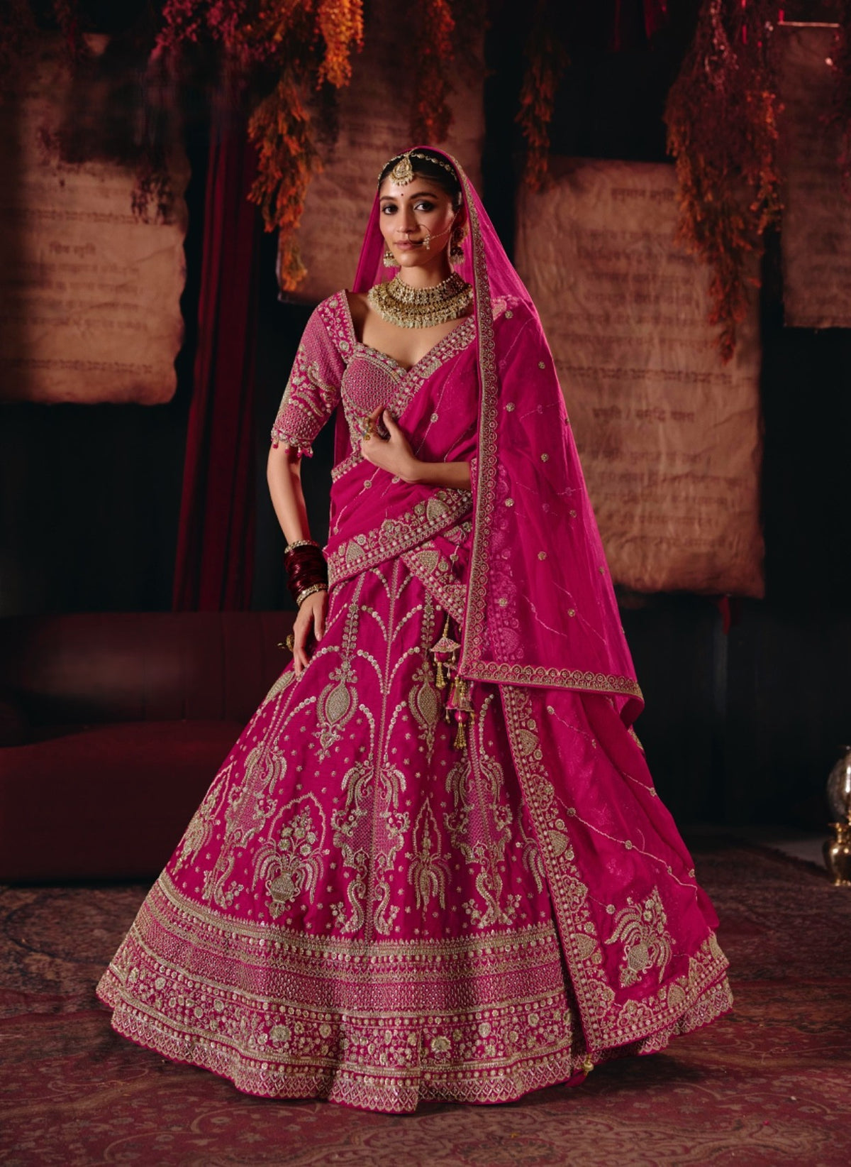 Pink Silk Cut dana, Zardozi & Beads Embroidered Wedding Lehenga