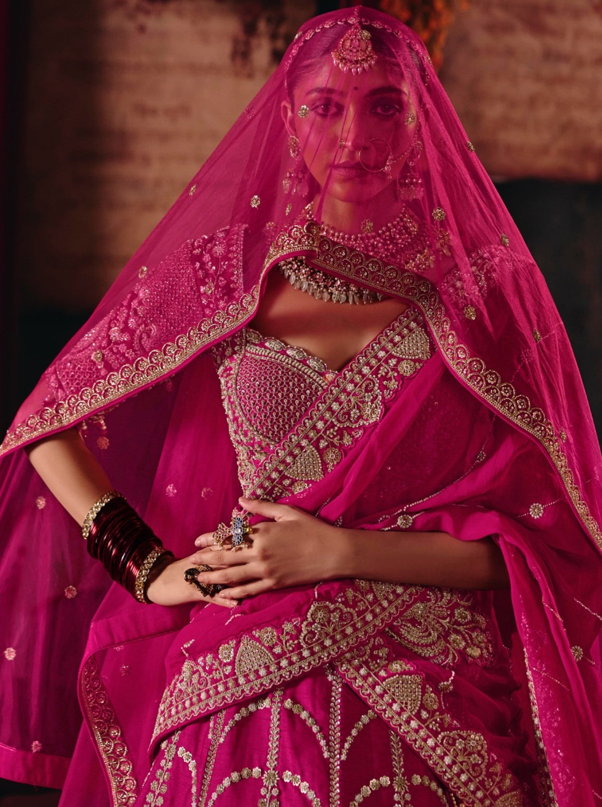 Pink Silk Cut dana, Zardozi & Beads Embroidered Wedding Lehenga