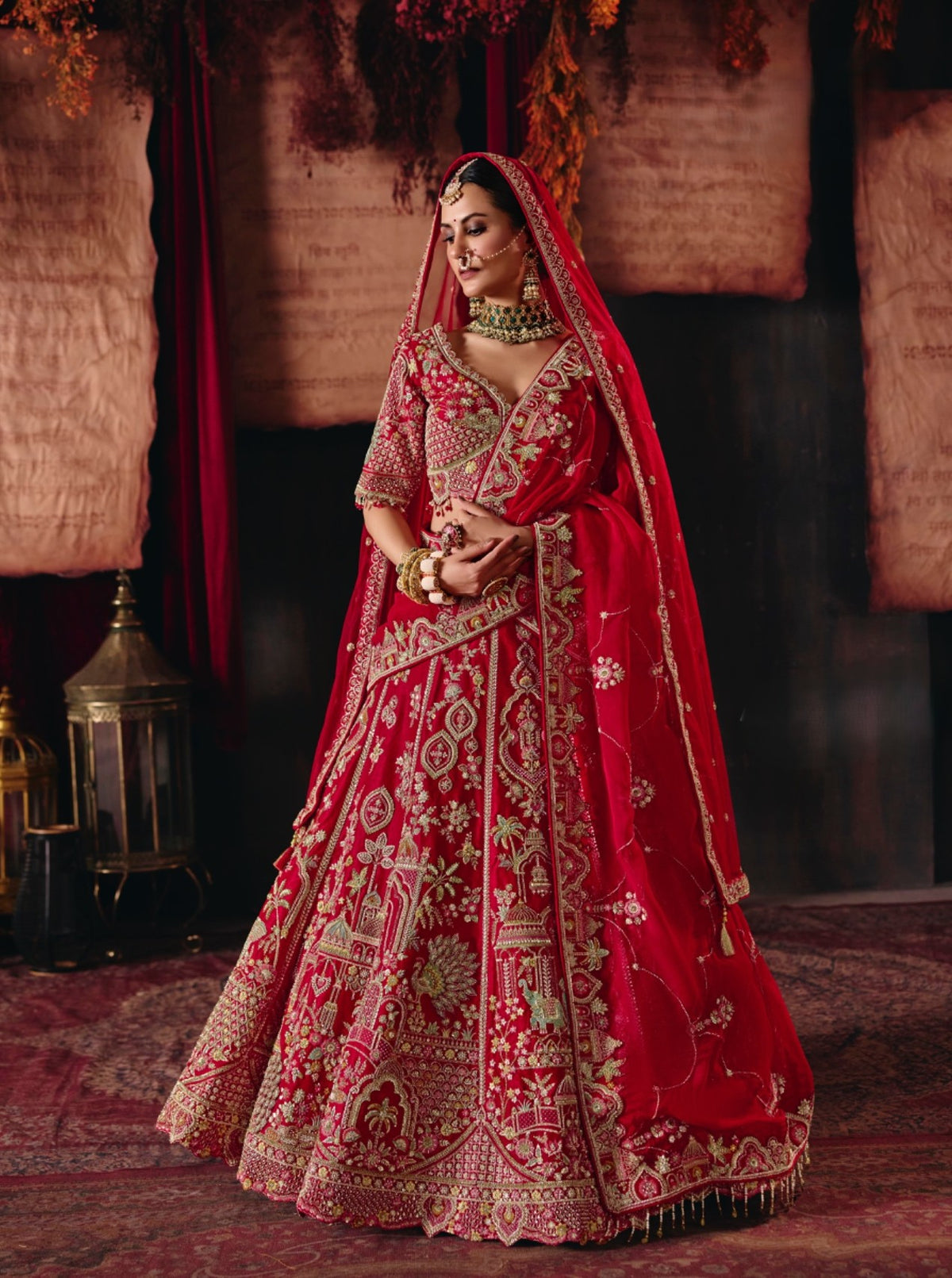 Red  Silk  Cut dana, Zardozi & Beads Heavy Embroidered Bridal Lehenga